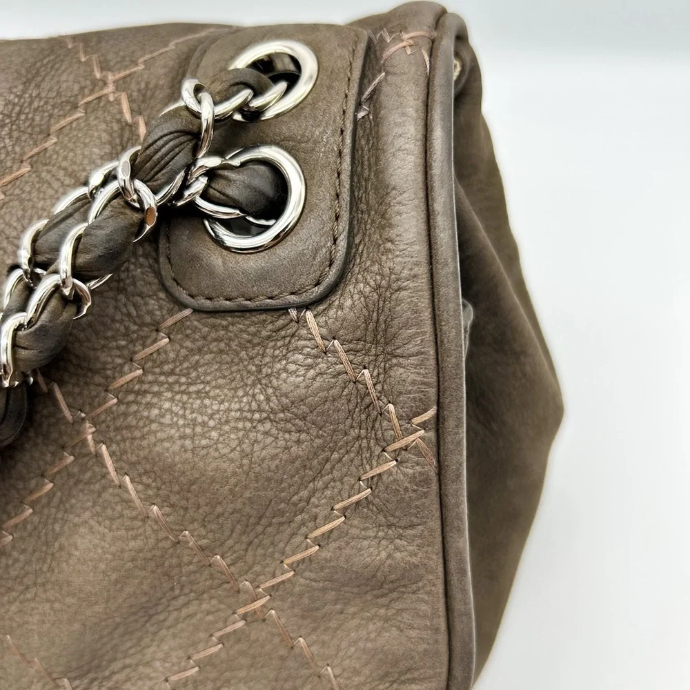 Chanel wild whipstitch flap bag grey suede silver hardware with card